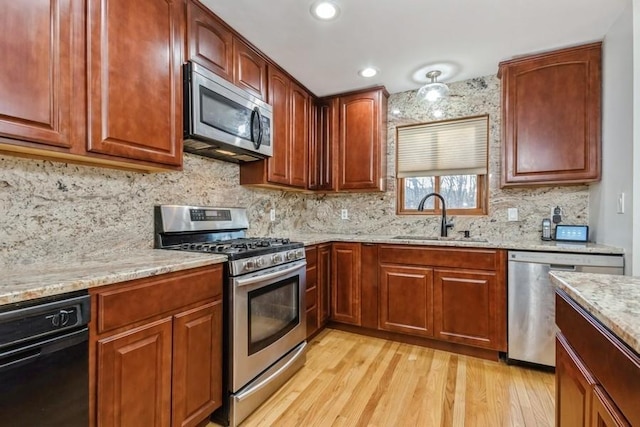 kitchen with light stone counters, light wood-style flooring, a sink, appliances with stainless steel finishes, and backsplash