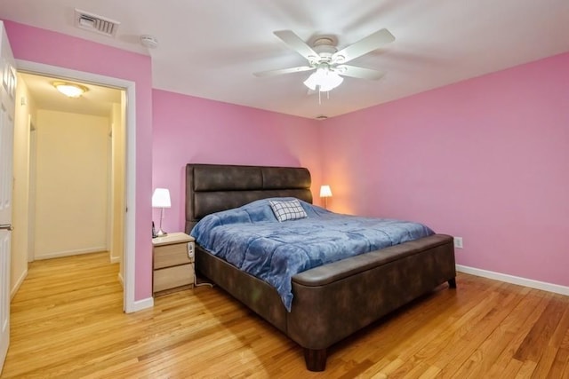 bedroom featuring ceiling fan, light wood-type flooring, visible vents, and baseboards