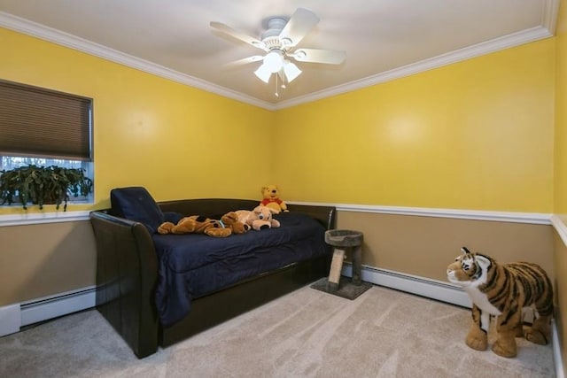 carpeted bedroom featuring ornamental molding and baseboard heating