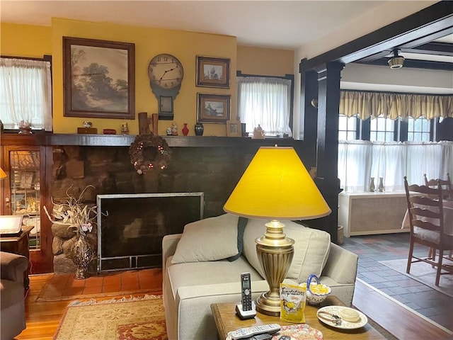 living room with hardwood / wood-style floors and radiator