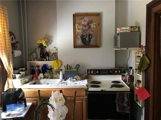 kitchen with white electric stove and sink