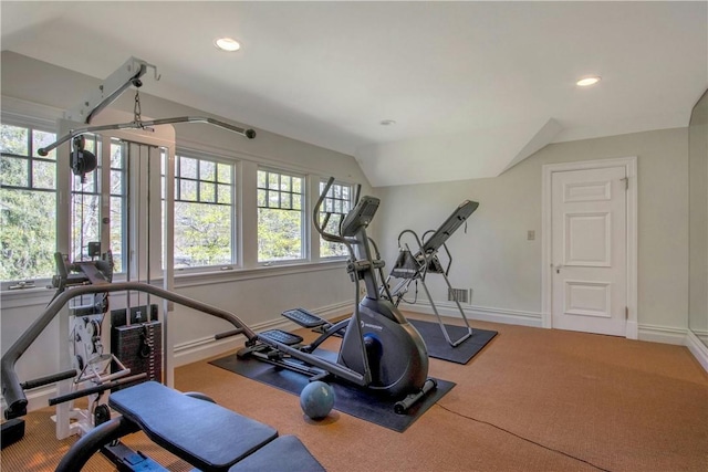 exercise area with carpet and vaulted ceiling