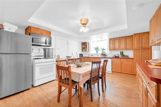 kitchen with light hardwood / wood-style floors, a raised ceiling, and appliances with stainless steel finishes