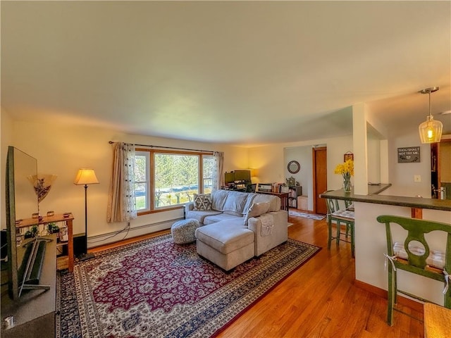 living room featuring wood-type flooring and baseboard heating