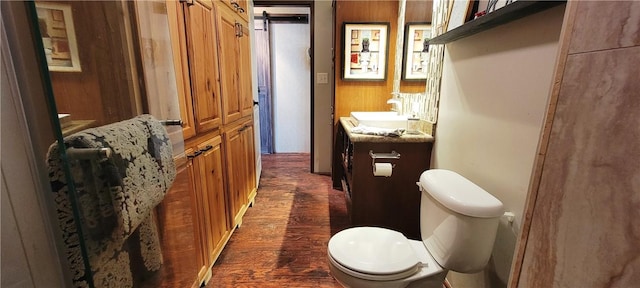 bathroom featuring vanity, toilet, and wood-type flooring