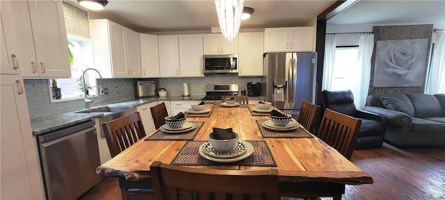 27 Birch Ln, Livingston Manor, NY 12768 - kitchen with appliances with stainless steel finishes, white cabinets, dark wood finished floors, and backsplash