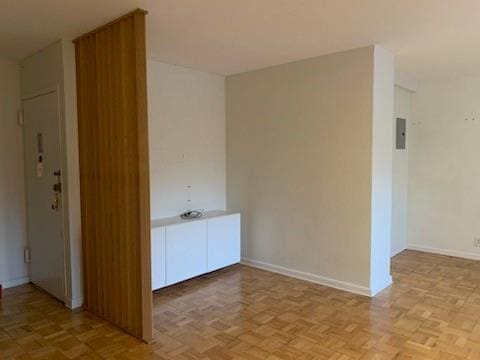 unfurnished room featuring electric panel and light parquet flooring