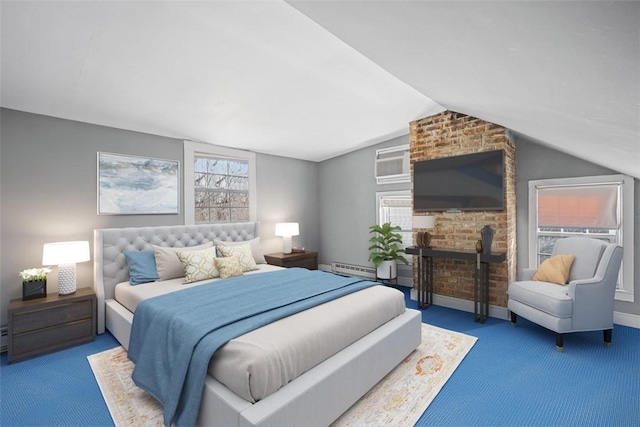 carpeted bedroom featuring an AC wall unit, lofted ceiling, and a baseboard heating unit