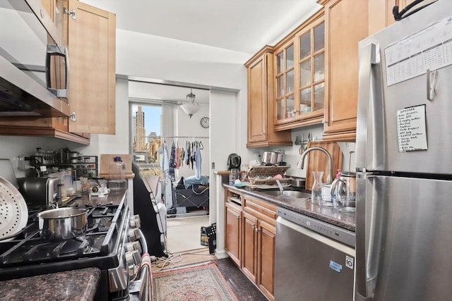 kitchen with dark stone counters, sink, and stainless steel appliances