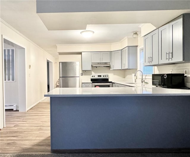 kitchen featuring appliances with stainless steel finishes, light wood-type flooring, gray cabinetry, baseboard heating, and sink