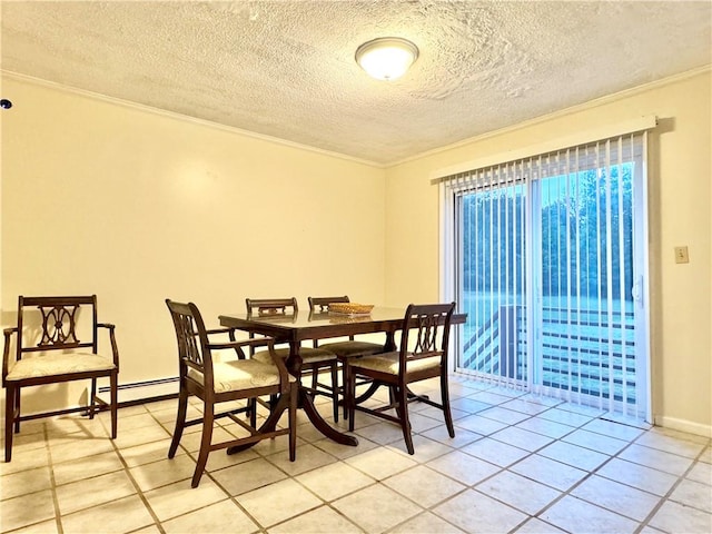 dining room with light tile patterned floors, a textured ceiling, baseboard heating, and crown molding