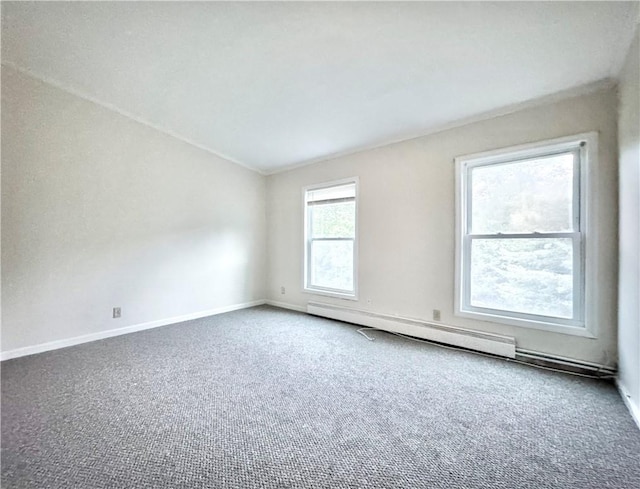 spare room with carpet flooring and a baseboard radiator