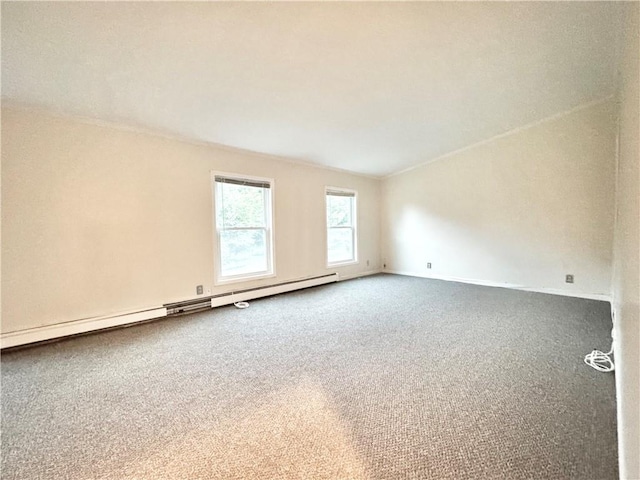 unfurnished room featuring carpet flooring and baseboard heating