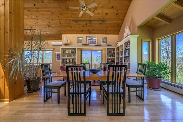 dining space featuring wood ceiling, a wall unit AC, ceiling fan, high vaulted ceiling, and light hardwood / wood-style flooring