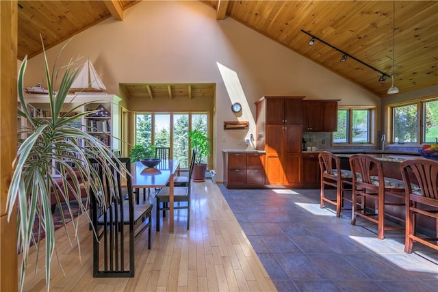 dining room featuring beam ceiling, dark hardwood / wood-style flooring, plenty of natural light, and high vaulted ceiling