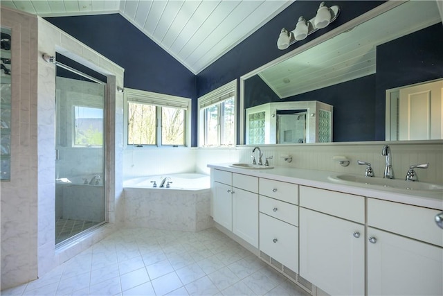 bathroom with vanity, plus walk in shower, wood ceiling, and lofted ceiling