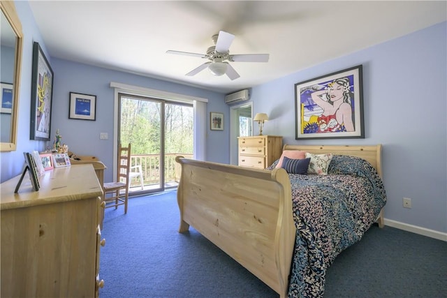 bedroom featuring dark carpet, access to outside, an AC wall unit, and ceiling fan