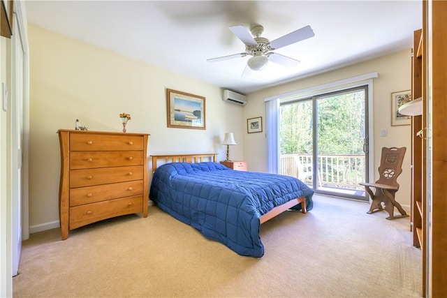 bedroom featuring a wall mounted air conditioner, ceiling fan, access to exterior, and light carpet