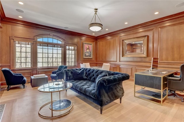 interior space featuring light hardwood / wood-style flooring and crown molding