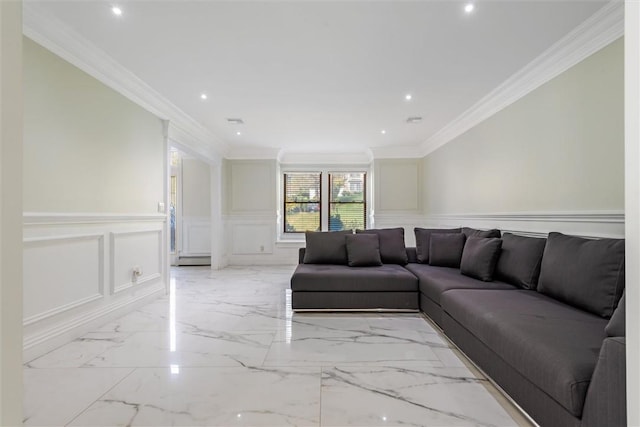 living room with ornamental molding