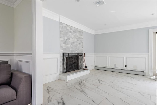 unfurnished living room featuring crown molding, a baseboard heating unit, and a stone fireplace