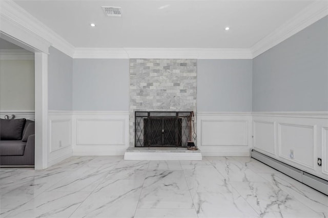 unfurnished living room with a stone fireplace, baseboard heating, and ornamental molding