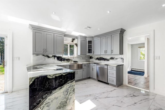 kitchen featuring gray cabinetry, a wealth of natural light, sink, and stainless steel dishwasher