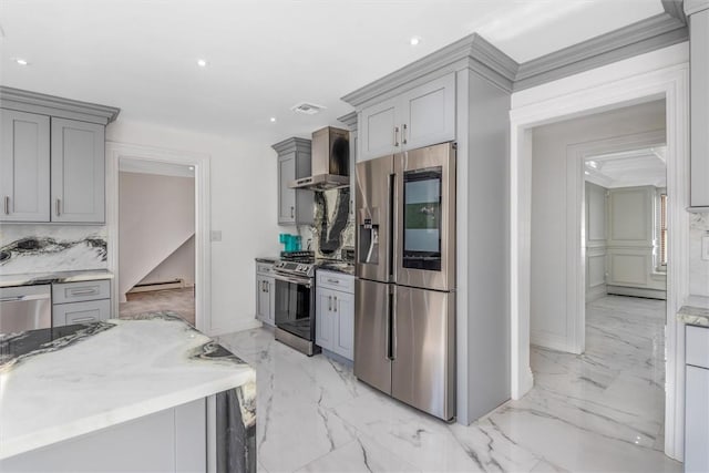 kitchen with appliances with stainless steel finishes, backsplash, wall chimney exhaust hood, gray cabinetry, and baseboard heating