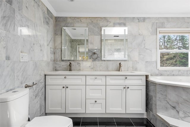 bathroom with a tub to relax in, ornamental molding, tile walls, tile patterned flooring, and toilet