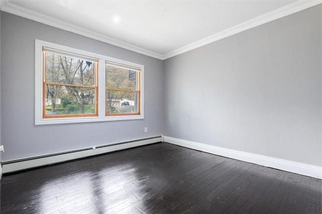 unfurnished room featuring ornamental molding, a baseboard radiator, and dark wood-type flooring