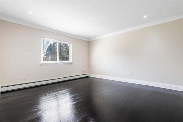 unfurnished room with ornamental molding, baseboard heating, and dark wood-type flooring