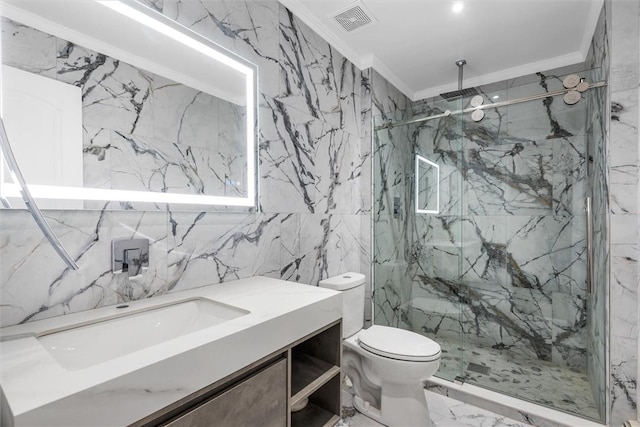 bathroom featuring vanity, toilet, ornamental molding, tile walls, and an enclosed shower