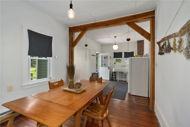 dining space with dark hardwood / wood-style flooring and plenty of natural light