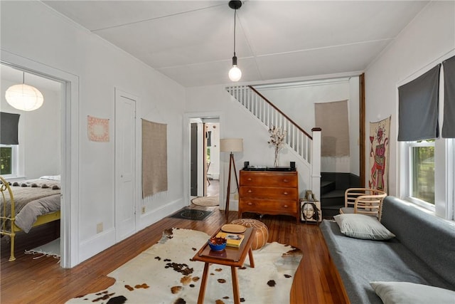 living room featuring wood-type flooring and plenty of natural light