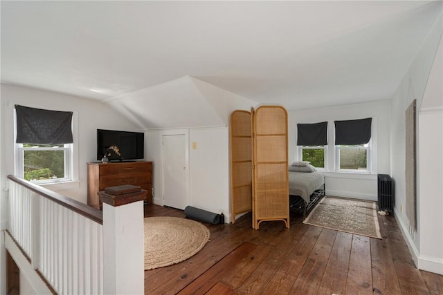 interior space with plenty of natural light, dark hardwood / wood-style floors, lofted ceiling, and radiator