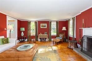 living room featuring light hardwood / wood-style floors, plenty of natural light, and crown molding