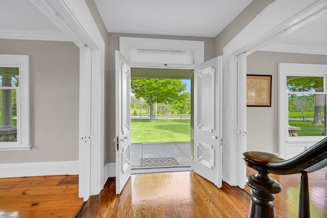 foyer entrance featuring a wealth of natural light, wood-type flooring, and ornamental molding