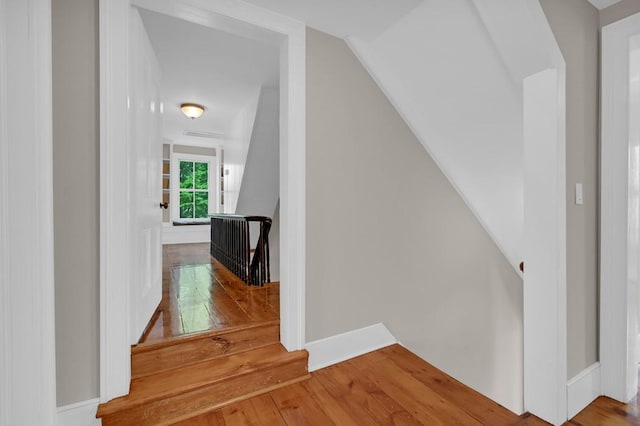 staircase with hardwood / wood-style flooring