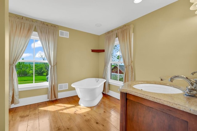 bathroom featuring wood-type flooring, vanity, and a tub