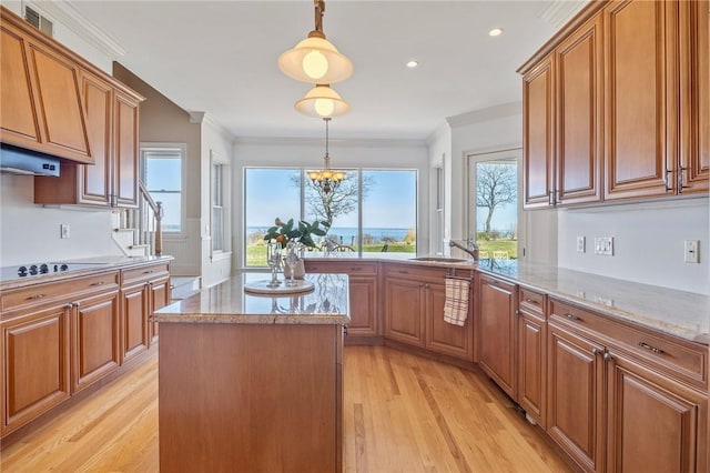 kitchen with pendant lighting, a kitchen island, crown molding, and light hardwood / wood-style flooring