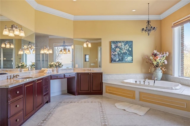 bathroom featuring vanity, tile patterned floors, and ornamental molding