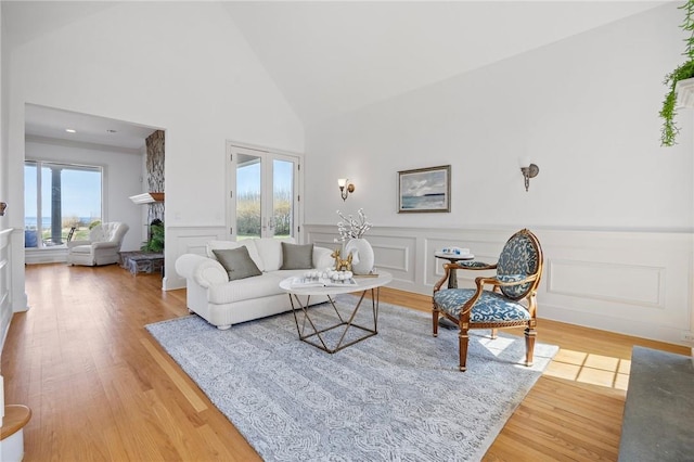 living room with wood-type flooring, high vaulted ceiling, plenty of natural light, and a stone fireplace