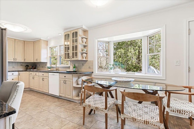 kitchen featuring dishwasher, open shelves, and decorative backsplash