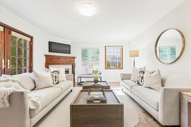 living area with a fireplace, wood finished floors, and crown molding