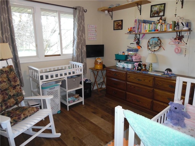 bedroom with dark hardwood / wood-style flooring