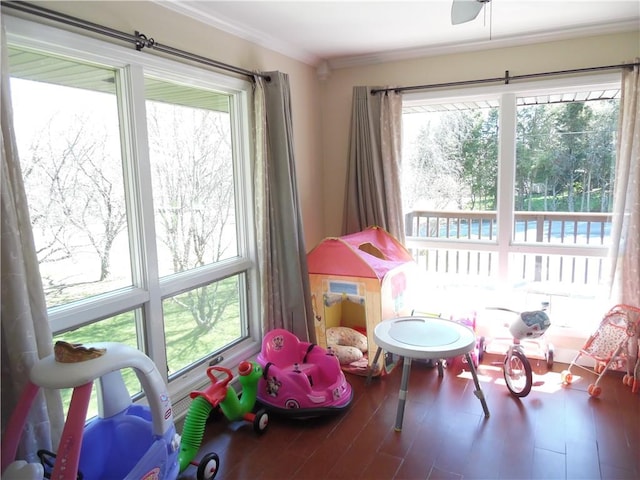 playroom featuring hardwood / wood-style floors, ceiling fan, and crown molding