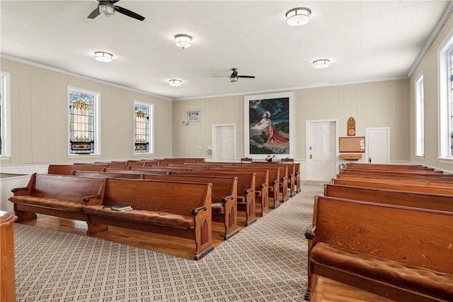 home theater room with ceiling fan and ornamental molding