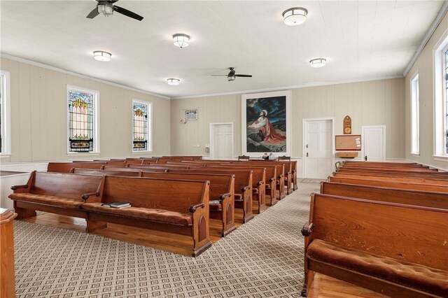 18 N Franklin St, Athens, NY 12015 - miscellaneous room with a ceiling fan, ornamental molding, carpet, and a decorative wall