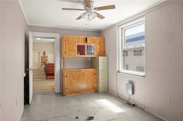 spare room featuring ceiling fan and crown molding