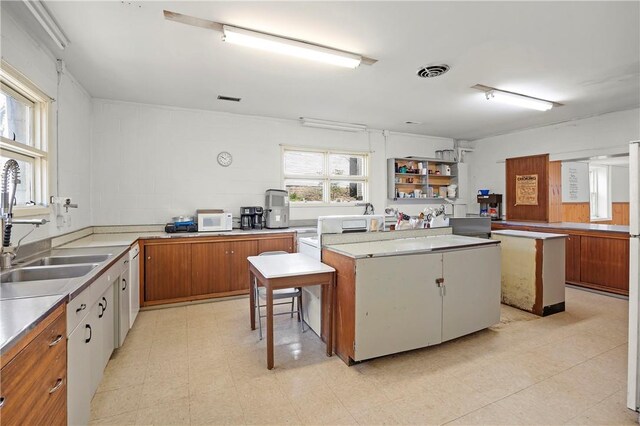 18 N Franklin St, Athens, NY 12015 - kitchen featuring a center island, a sink, brown cabinetry, white microwave, and light flooring